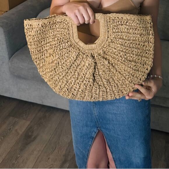 Ramla Bohemian Tan Hobo Straw Bag Half moon  Round Women Handbags Half moon - Picture 4 of 6